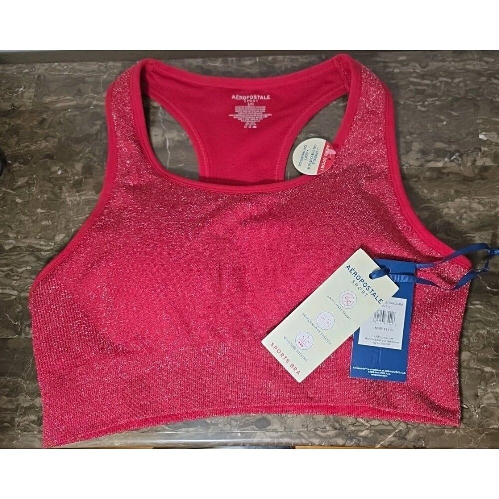 Aeropostale Sports Bra Women Red Racerback Sparkle Athletic Gym Size‎ L